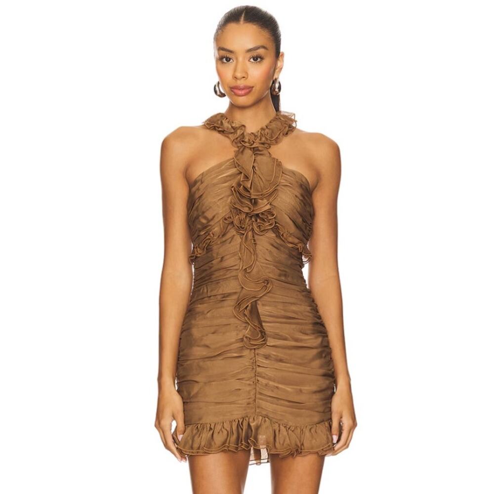 Ronny Kobo | NWT Ria Dress in Praline Brown Ruffle Halter Mini M